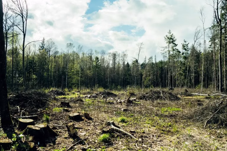 Cleared acreage with stumps at the edge of a forest after land clearing